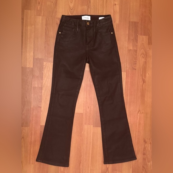 FRAME Le Crop Mini cropped coated high-rise bootcut jeans. Mahogany
